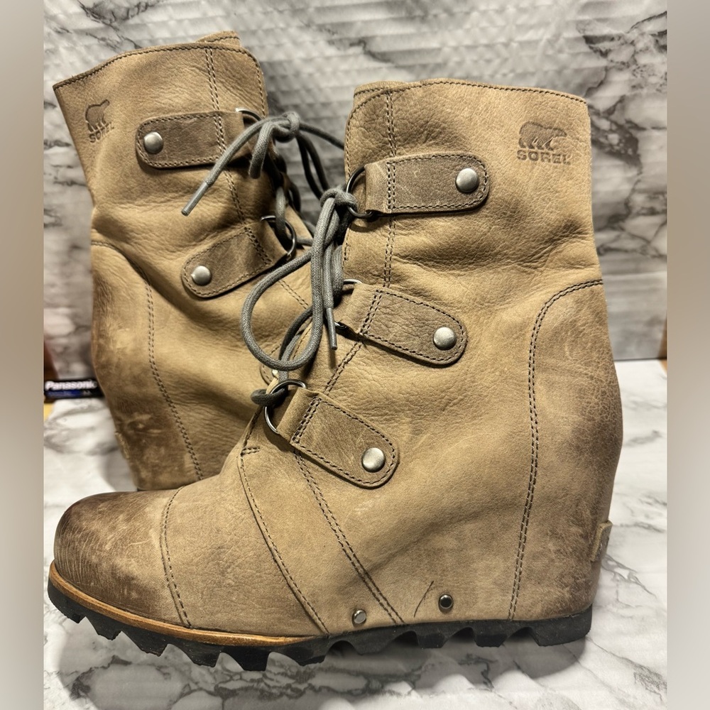 SOREL JOAN OF ARCTIC WOMENS LACE UP GRAY WEDGES BOOTS